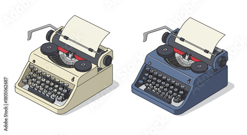 Vintage typewriter pair in isometric style with retro color scheme