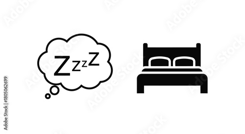 Simple black and white icons depict sleeping and a bed for rest