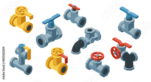 Colorful isometric plumbing valves: diverse industrial water control components
