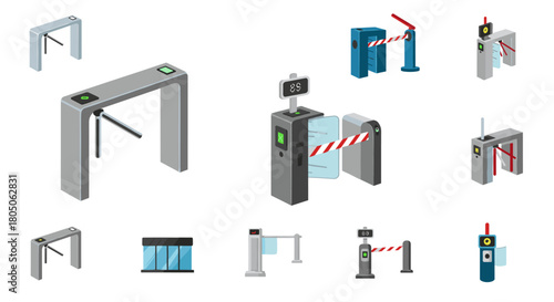 Modern turnstile icons collection: access control and security systems in flat design