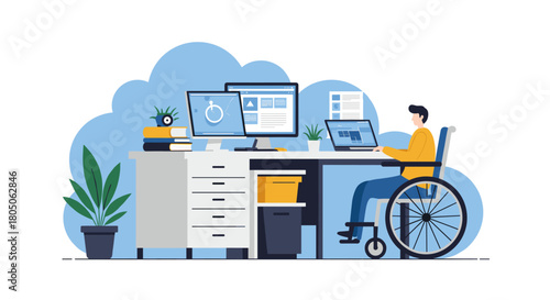 Inclusive workplace design with wheelchair access and ergonomic setup