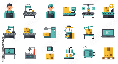 Flat design icons of automated manufacturing and logistics processes