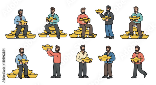 Men holding gold bowls on coins for prosperity concept