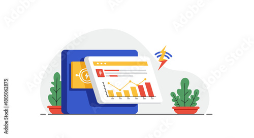 Flat design marketing dashboard with analytics graphs and growth charts