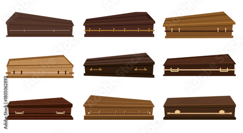 Set of nine flat wooden coffin designs in various styles and colors