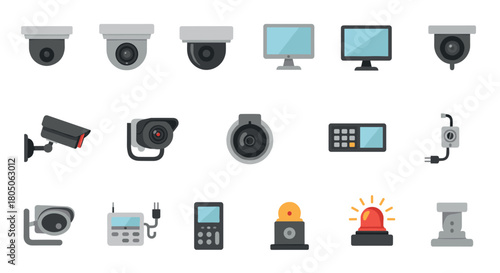 Surveillance and security technology icons set in flat style