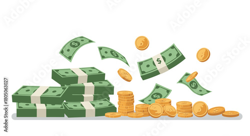 Cascading dollars and coins in a flat financial design