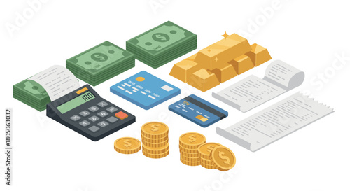 Financial assets and calculations isometric set with cash, gold, and credit cards