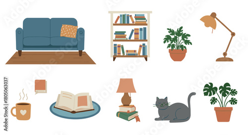 Cozy home interior with furniture, books, and sleeping cat in flat design