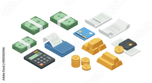 Isometric financial assets and tools: money, gold, and payment methods