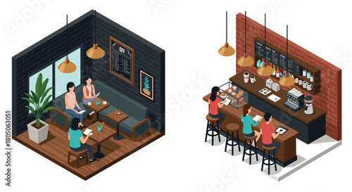 Cozy isometric coffee shop with customers enjoying drinks and conversations