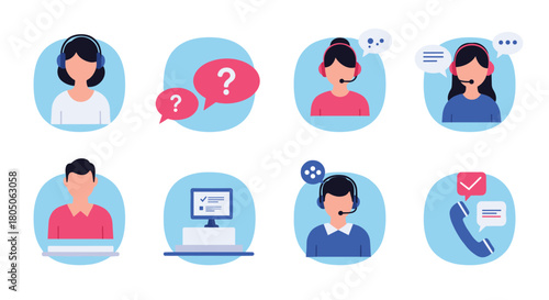 Customer support icons featuring people with headsets and technology elements