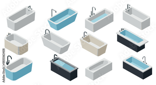 Isometric bathtub designs: colorful and minimalist set for modern bathrooms