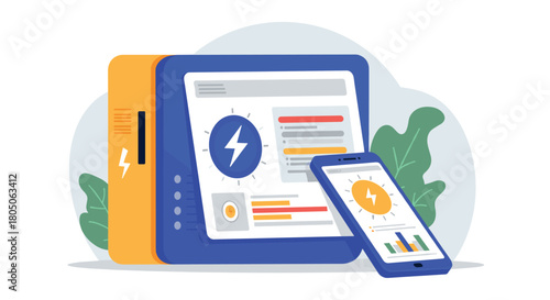 Flat design cloud computing with data analytics and mobile synchronization