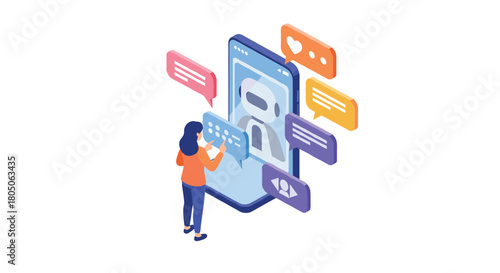 Interactive chatbot technology concept with user and digital communication in 3d isometric style