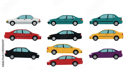 Diverse sedan collection in flat design with multiple color options
