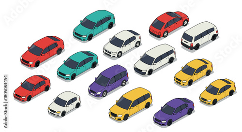 Isometric cartoon cars variety pack on white background
