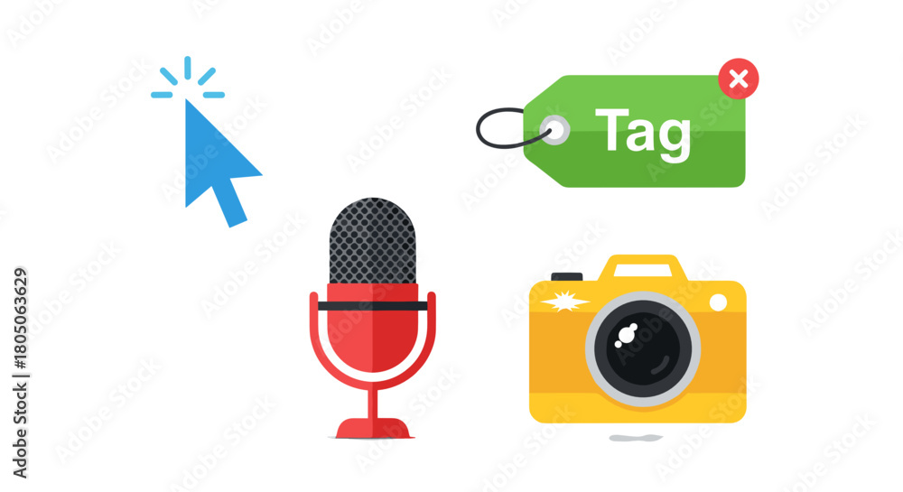 Fototapeta premium Digital media icons including microphone, camera, and tag , cursor, AI-Assisted Creativity icon set
