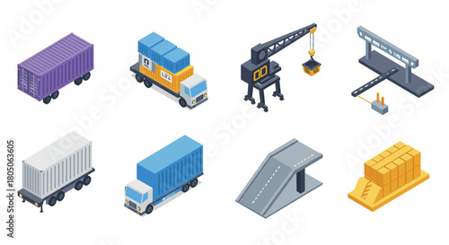 Isometric logistics and transportation elements set with containers and vehicles