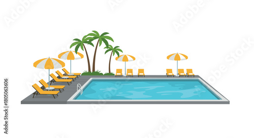 Tropical poolside with palm trees and lounge chairs in flat design
