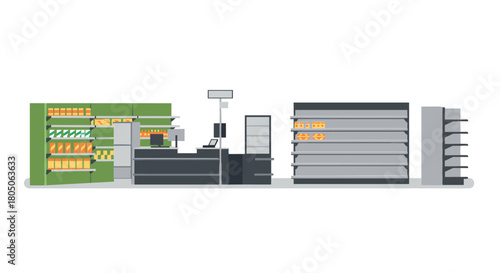 Modern supermarket interior with checkout counter and shelves