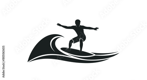 Dynamic silhouette of a surfer riding a wave perfect for conveying summer fun active lifestyle and ocean adventure in a bold modern design, Generative AI.
