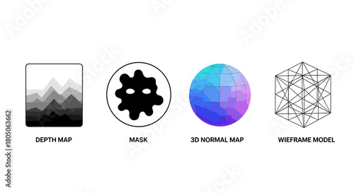 Illustration of Various Graphic Design Map Types and Models  , AI-Assisted Creativity icon set