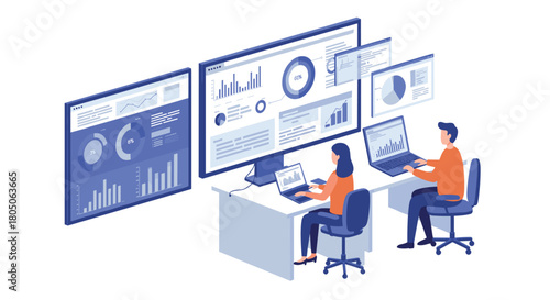 Isometric office team analyzing data on multiple screens in modern workspace