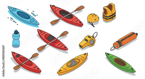 Colorful kayaking equipment isometric design: boats, paddles, and safety gear