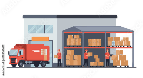 Modern warehouse logistics with delivery truck and workers managing packages