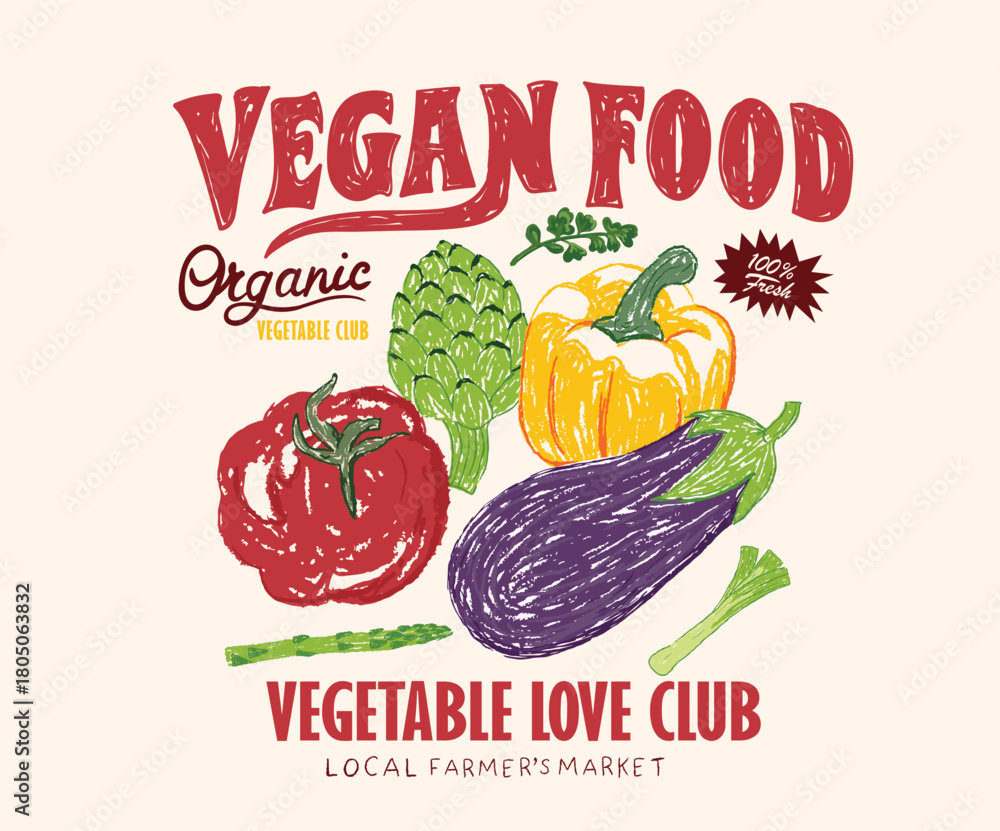 Naklejka premium Vegetable love club. Vegan food. Organic vegetable farm. Fresh vegan food. Tomato vegetable artwork for t shirt print, poster, sticker and other uses.