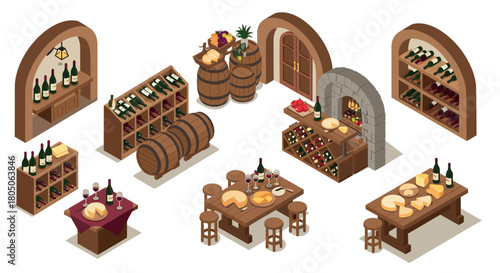 Isometric wine cellar with wine bottles, barrels, and cheese on rustic wooden tables