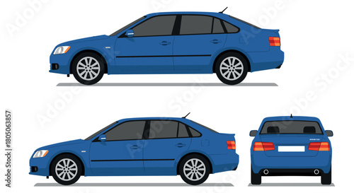 Blue car design with side and rear views in flat style