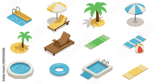 Isometric summer beach elements with pool, lounger, and umbrella