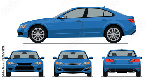 Blue sedan set in flat style with front, side, and rear views