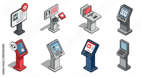 Modern isometric kiosks with digital interfaces for interactive displays