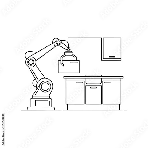 Industrial robotic arm placing a package on a kitchen counter, clean line art illustration.