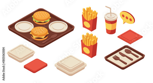 Isometric fast food set with burgers, fries, and drink containers