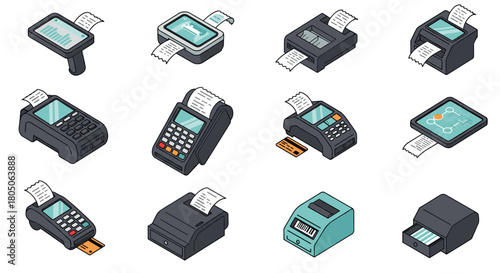 Isometric electronic payment terminals and receipt printers set