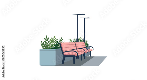 Minimalist outdoor benches and planters in a park setting