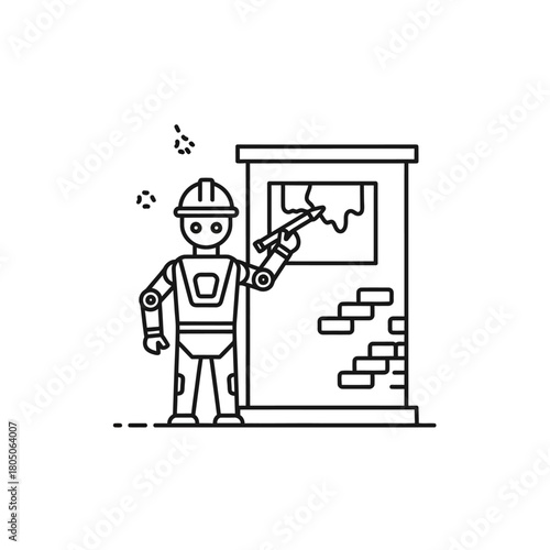Line art robot construction worker with hardhat repairing a brick wall with window.