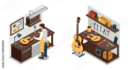 Isometric acoustic guitar workshop with craftsman at workbench in studio setting
