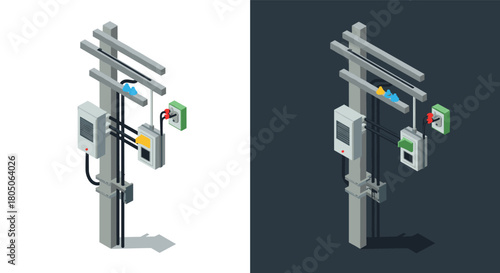 Isometric depiction of electric utility pole with dual backgrounds