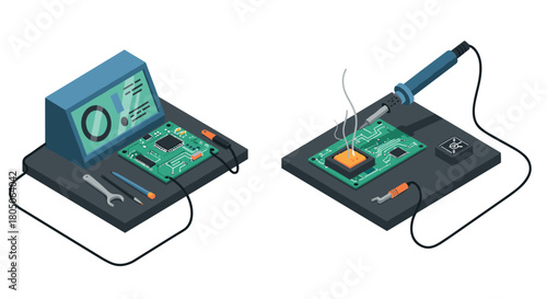 Isometric electronics repair with soldering iron and circuit boards