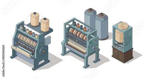 Industrial textile machinery isometric set with spinning machines and yarn spools