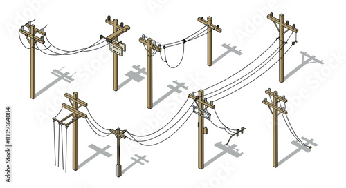Isometric utility poles collection with detailed wire configurations