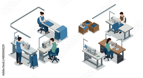 Isometric sewing workshop design with seamstresses and equipment