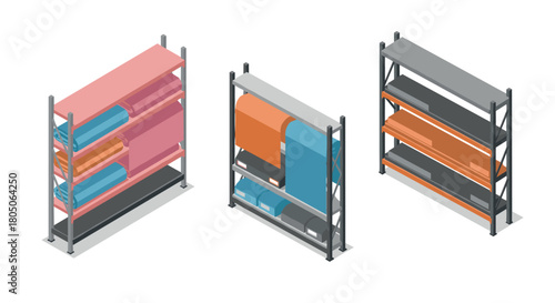 Isometric warehouse shelves with colorful fabric rolls and empty racks