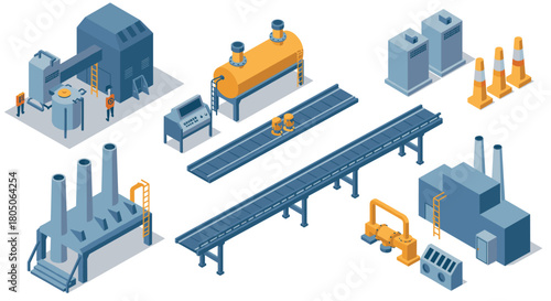 Isometric industrial factory elements with conveyor and machinery in blue and orange