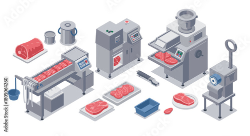 Isometric meat processing equipment in modern food manufacturing facility